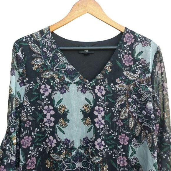 90's Iz Byer Boho Ruffled Bell Sleeve Metallic Threading FLoral Blouse Blue Sz L - Picture 5 of 12
